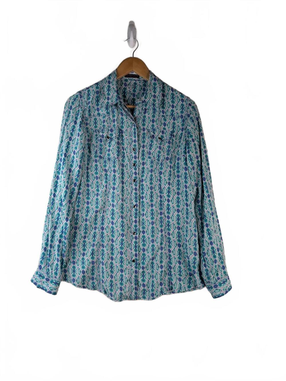 Rockโ 47 by Wrangler Women's Blue and Green Aztec Diamond Print Shirt Size M